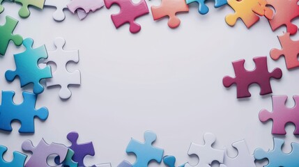Vibrant rainbow jigsaw puzzle frame encircling creepy white blank space &ndash; abstract colorful background