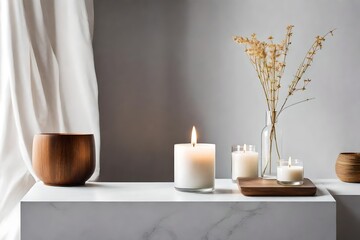 spa still life with candles , Immerse yourself in the tranquil ambiance of a minimalist loft interior, where a natural fragranced white soy candle takes center stage