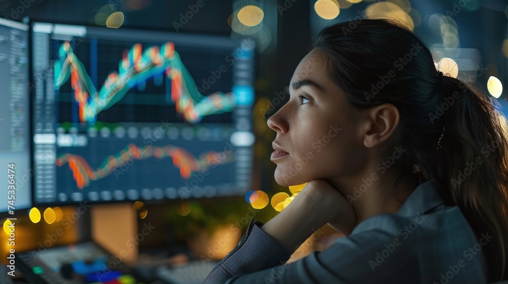 Poster skilled market analyst strategizing investment decisions using digital technology and advanced data 
