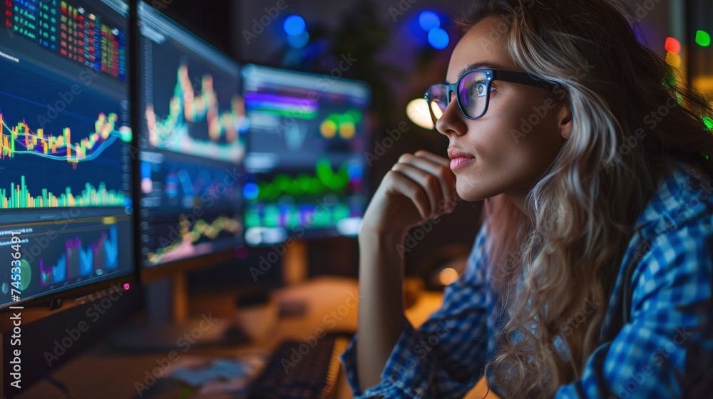 Poster experienced market analyst interpreting financial data charts on computer display in modern workplac