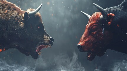 bull and bear market face off concept fight with stock market graph, navigating investment strategies amidst market volatility and financial analysis