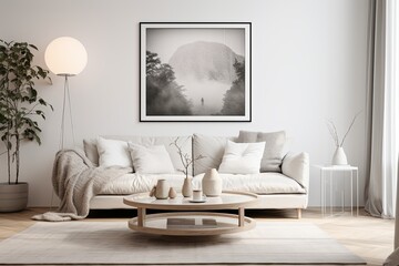 Nordic Vibes: Minimalist Lounge with White Sofa, Glass Coffee Table, and Art Posters