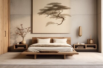 Tranquil Zen Bedroom: Minimalist Setting with Wooden Furniture and Serene Ambiance