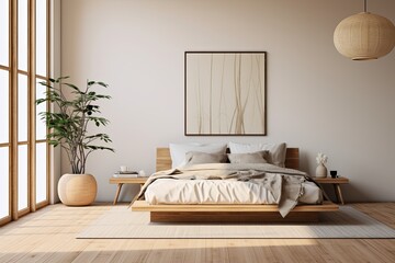 Zen Rattan Retreat: Minimalist Bedroom with Bamboo Accents on Wooden Floor