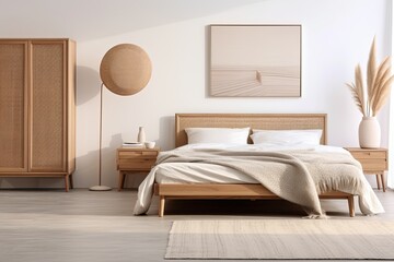 Rattan Rug Zen: Minimalist Wooden Furniture & Soft Colors in a Tranquil Bedroom