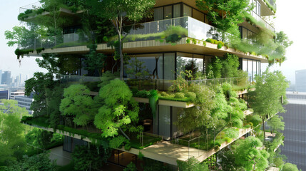 3D render of a modern apartment building with a lot of greenery