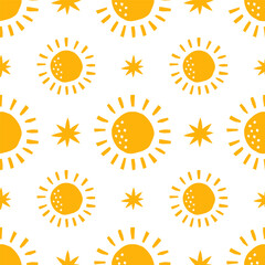 Seamless pattern with yellow sun and stars