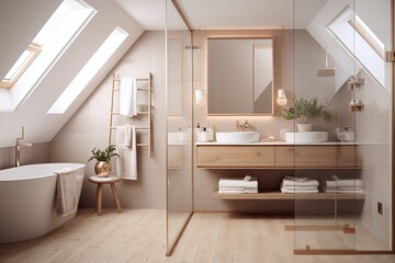 Fototapeta na wymiar Scandinavian Cozy Ambiance: Modern Bathroom with Rose Gold Fixtures and Wooden Floor