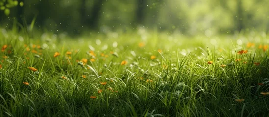 Photo sur Aluminium Herbe A vibrant field of lush green grass with orange flowers in the foreground, creating a colorful and picturesque scene of natures beauty in the summer season.