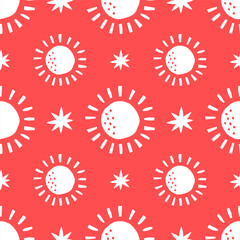 Pink seamless pattern with white sun and stars