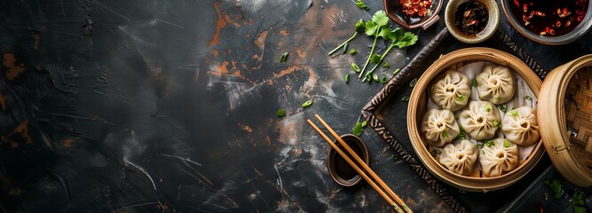 delicious gyoza dumplings in bamboo steamer with soy sauce and chili oil text space banner - obrazy, fototapety, plakaty