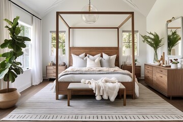 Chic Scandinavian Design: Modern Bedroom with Canopy Bed, Wood Decor, and Rug