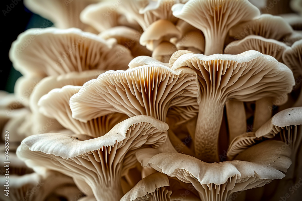 Poster mycelium with mushrooms, bottom view. background with selective focus and copy space
