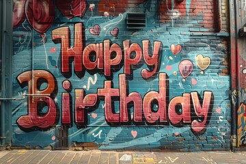 Fototapeta premium Lettering Happy Birthday. Street graffiti. Background with selective focus and copy space