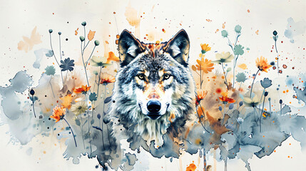 A watercolour wolf artwork in flowers in the style 