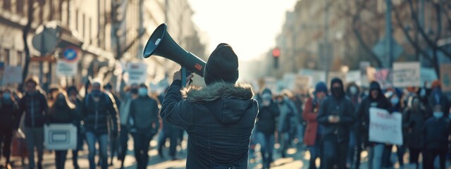 activist protesting with megaphone during a strike with group of demonstrators all around, demanding social justice and change