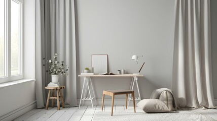 A minimalist office with a touch of Scandinavian design, featuring a simple yet elegant desk, muted color palette, and cozy textiles for added comfort.