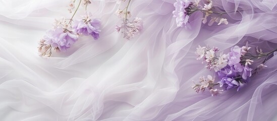 This close up showcases a lavender dress adorned with intricate, colorful flowers. The purple wedding dress features delicate details on white mesh tulle, creating an aesthetic background for the