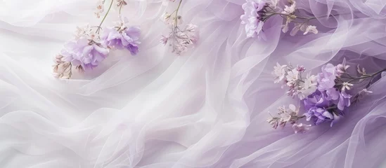 Schilderijen op glas This close up showcases a lavender dress adorned with intricate, colorful flowers. The purple wedding dress features delicate details on white mesh tulle, creating an aesthetic background for the © TheWaterMeloonProjec