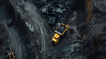 Big yellow mining truck for anthracite coal in an open pit mine. - obrazy, fototapety, plakaty