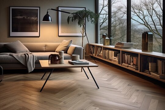 Contemporary Living Area: Herringbone Wooden Floor Patterns & Stylish Wooden Table Decor