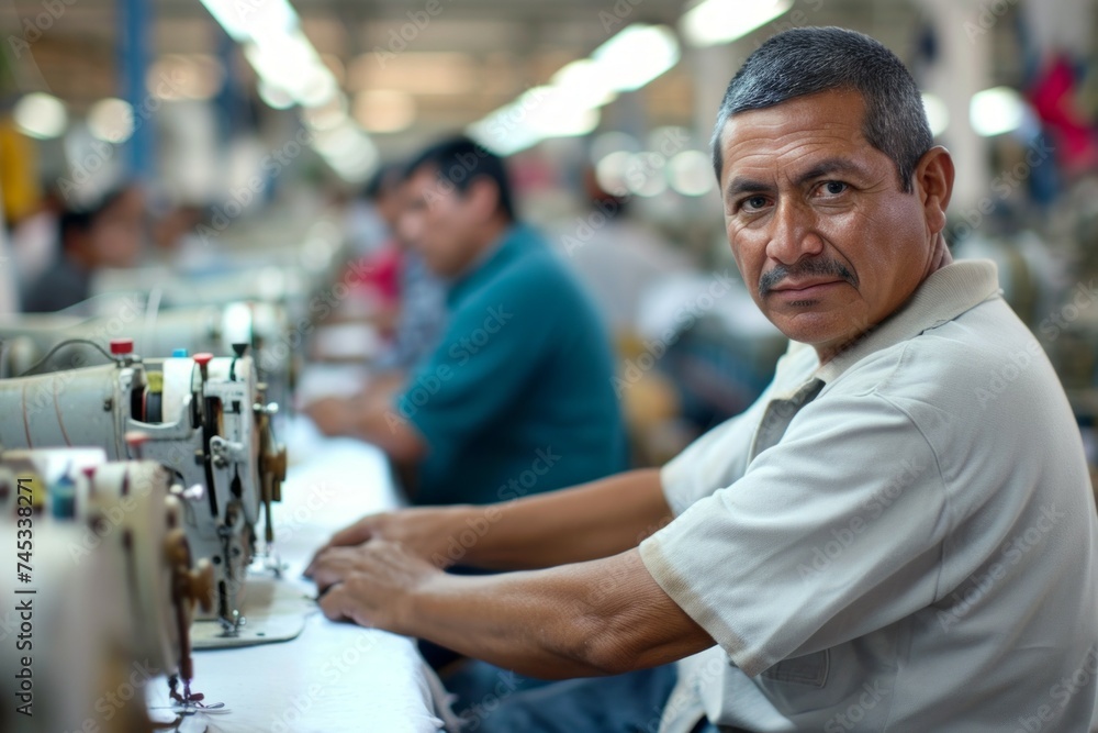 Poster workers at a textile factory. background with selective focus and copy space