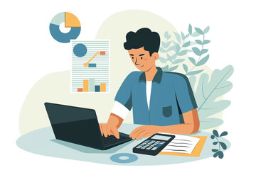 Fototapeta na wymiar Illustration of a Businessman using laptop and calculator to do taxes calculation