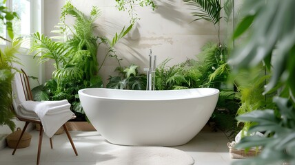 A modern and refreshing bathroom design featuring a white bathtub and the addition of green plants, creating a harmonious and inviting atmosphere.