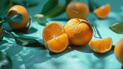 Oranges with foliage against a cool backdrop