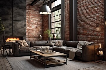 Urban Chic Loft: Exposed Brick Wall Interiors with Industrial Lighting and Leather Sofa - obrazy, fototapety, plakaty