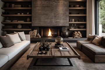 Modern Rustic Haven: Glass Coffee Table and Wooden Decor by the Fireplace