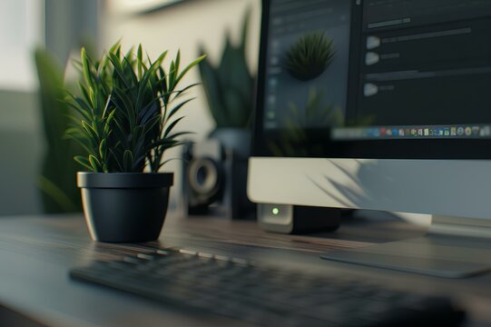 A modern office desktop captured in HD, featuring a sleek keyboard, a wireless mouse, and a small green plant, creating a clean and professional workspace.