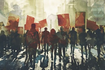 illustration of people protesting in the street - obrazy, fototapety, plakaty