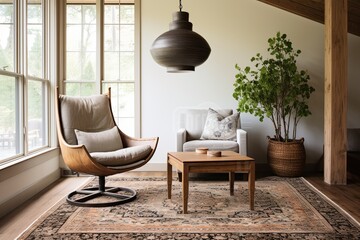 Oriental Rug Statement in a Modern Setting: Comfy Armchair by Wooden Table with Pendant Lights