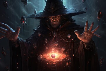 evil sorcerer casting a spell to release the black - obrazy, fototapety, plakaty