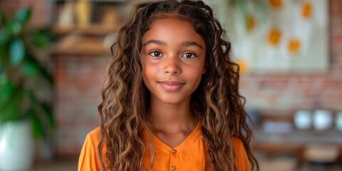 A smiling 12 year old girl with long natural hair poses