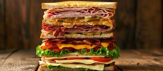 A large sandwich is stacked on top of each other, showcasing mouthwatering layers of bread slices and butter. The stacked sandwich is a delicious display of culinary artistry.