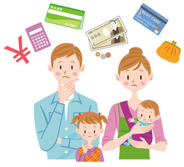 お金のことを考える家族　赤ちゃん　電卓　通帳　財布　ファミリー