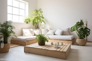 Modern Sunken Space: White Walls, Green Plants, Wooden Coffee Table Minimalist Vibes