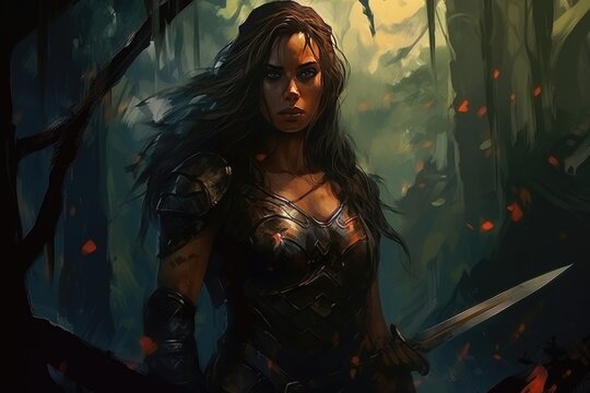 Warrior Woman with a divine ax standing at the entrance of the dark forest,