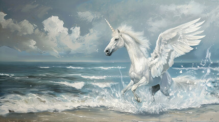 Obraz na płótnie Canvas White beautiful pegasus on the shore of the sea
