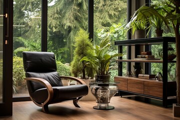 Modern Villa Interior: Glass Coffee Table, Leather Armchair, Chic Design, Wooden Shelf Decor, Plants