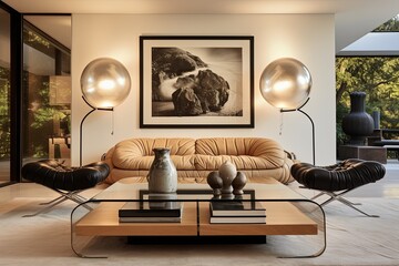 Modern Villa Elegance: Glass Coffee Table Decor, Leather Seats, Roomy Design & Art Frames