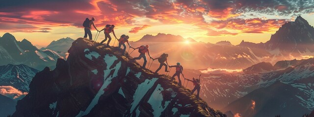 team of people helping each other reach mountain top in spectacular sunset landscape, fostering unity and achieving success through collaboration and support - obrazy, fototapety, plakaty