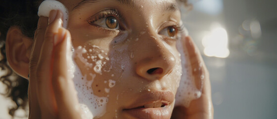 Close-up of a young woman cleansing her face, the suds highlighting her skincare routine's gentle purity - obrazy, fototapety, plakaty