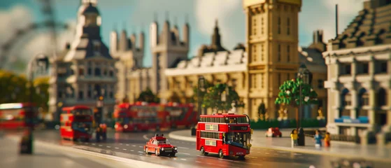 Fotobehang Londen rode bus A toy model of London’s bustling streets, a playful miniature cityscape alive with iconic red buses and black cabs