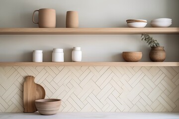 Fototapeta na wymiar Nordic Minimalist Kitchen: Mosaic Tile Backsplash with Open Shelving and Wooden Decor