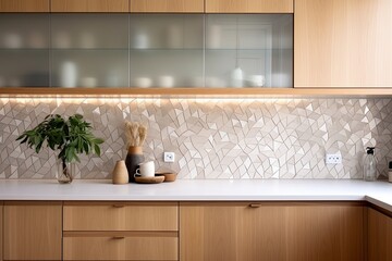 Fototapeta na wymiar Mosaic Tile Backsplash Kitchen Ideas: Modern Scandinavian Interiors with Cozy Decor, Featuring Wooden Cabinet