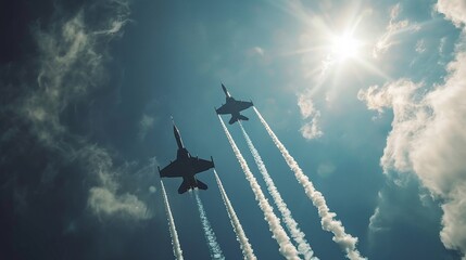 jet fighters engage in aerial maneuvers over the war zone, demonstrating the agility and prowess of military aircraft - obrazy, fototapety, plakaty