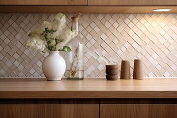 Fototapeta na wymiar Mosaic Tile Backsplash Kitchen Ideas: Scandinavian Charm with Wooden Cabinet and Cozy Decor